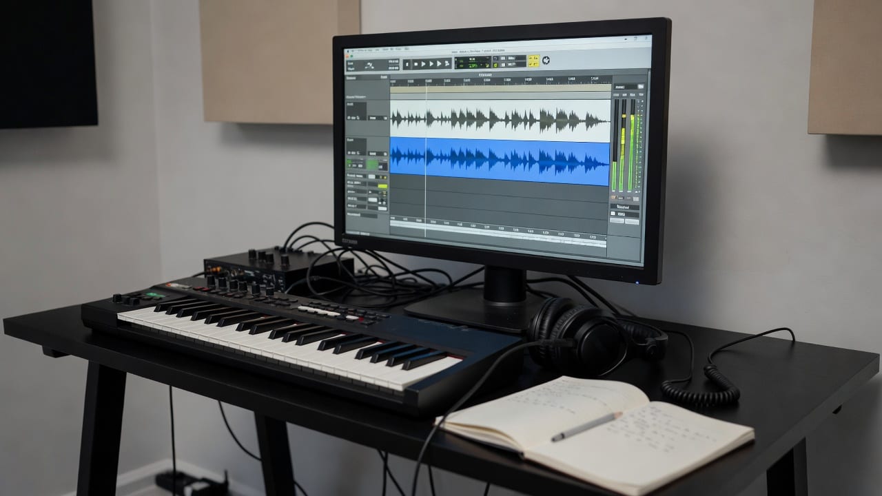 Sample identifier workflow showing a 30-second song hook selected in audio editing software on a studio desk