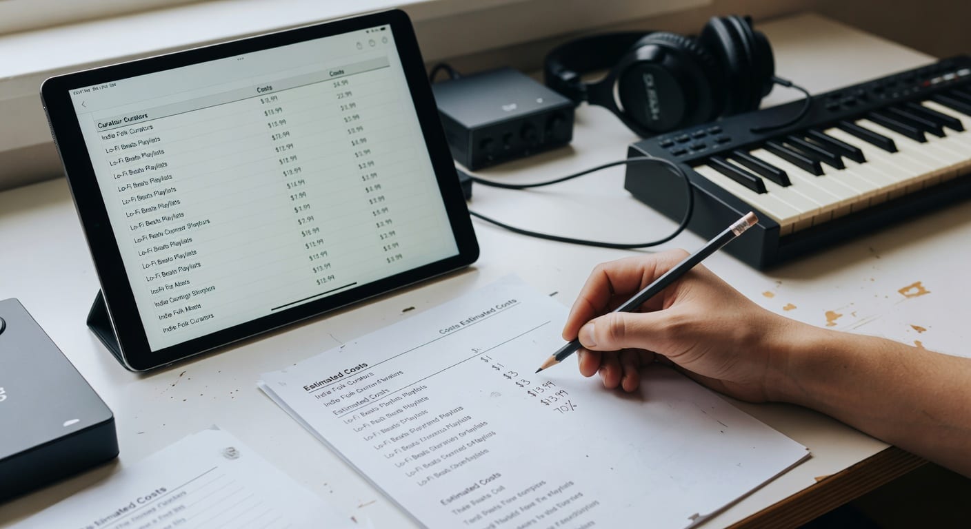 Indie music playlist submission budget worksheet showing smart playlist finder cost estimates for 2026.