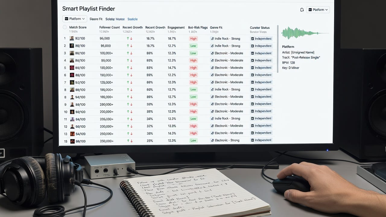 Smart playlist finder dashboard ranking playlist candidates for post-release music promotion on a desktop monitor.