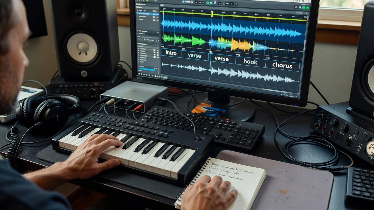 Music workstation set up to song analyze a track with waveform, loudness meter, section markers, and pitch notes