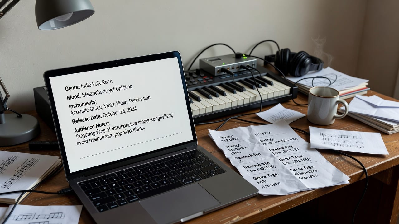 Desk setup showing an editorial pitch form and audio analysis notes for understanding Spotify algorithm mechanics