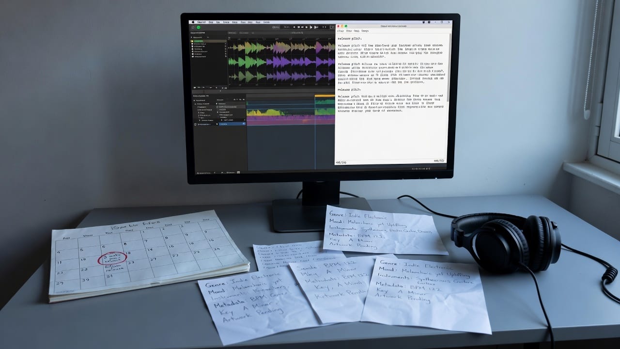 Music release desk showing audio analysis and a 500-character pitch for spotify editorial pitch alternatives