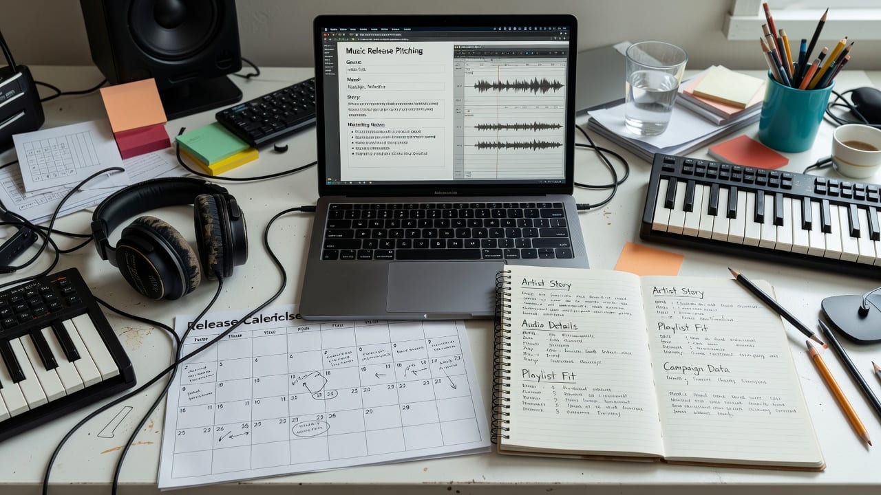 Desk with waveform, release calendar, and notes for Spotify editorial pitch examples before a music release