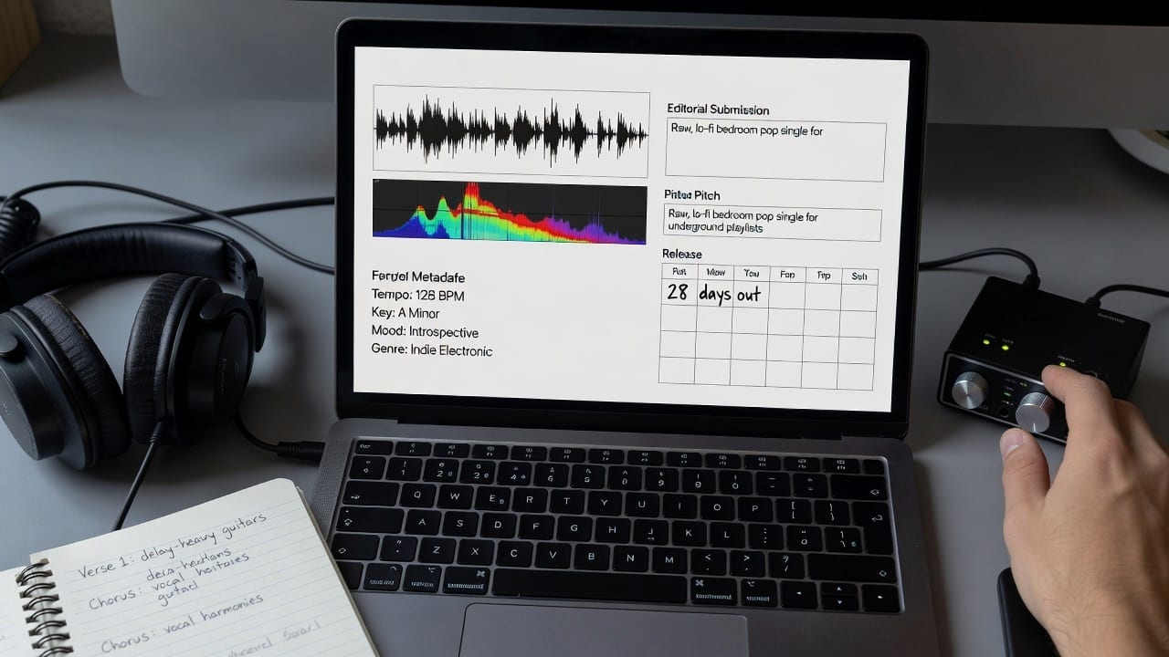 Audio analysis workspace for a Spotify editorial pitch with waveform data, metadata tags, and release timeline.