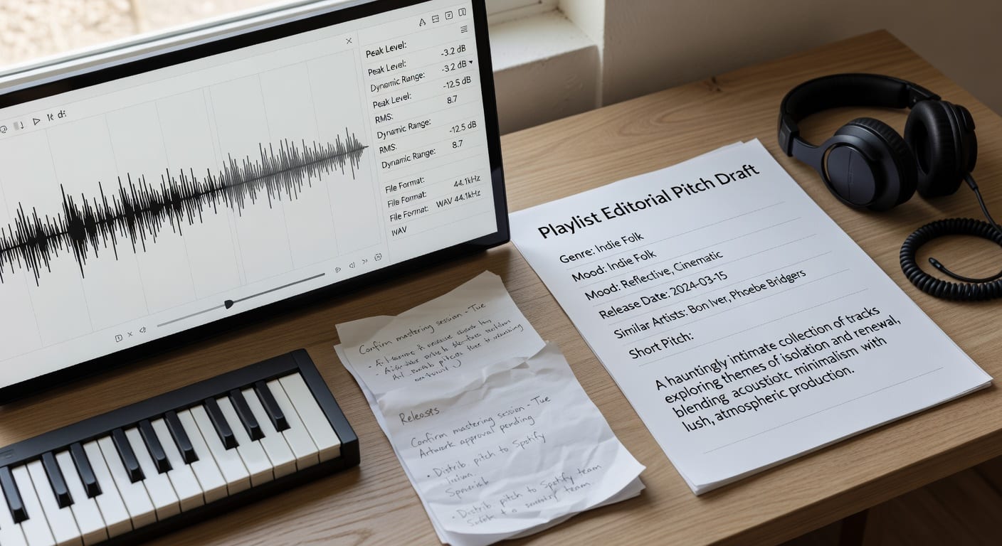 Spotify editorial pitch generator workflow showing audio analysis beside a playlist pitch draft form on a studio desk