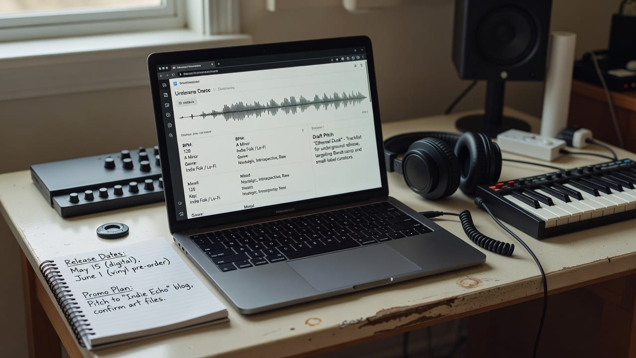 Laptop showing an audio analysis dashboard for a Spotify editorial pitch tool beside headphones and a MIDI keyboard