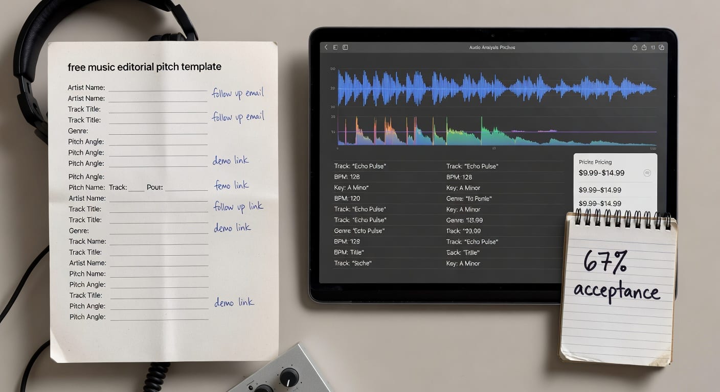Side-by-side desktop comparison of an audio analysis pitch tool price screen and a free Spotify editorial pitch template.