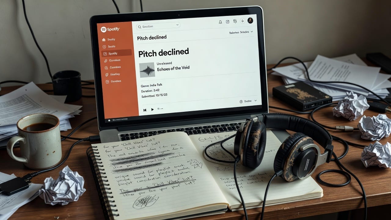 Laptop showing a declined music playlist pitch, illustrating spotify editorial playlist rejection for independent artists