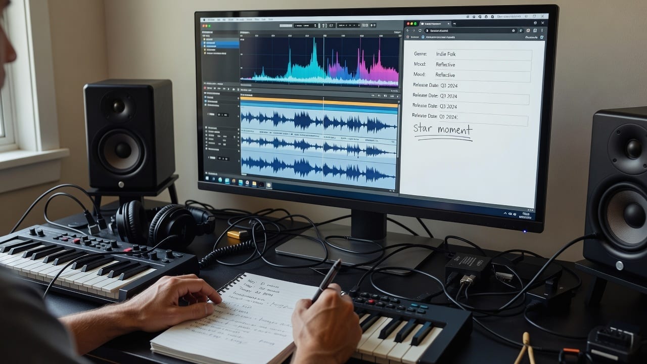 Indie artist preparing a Spotify for Artists pitch with audio waveform analysis and draft notes on a studio desk