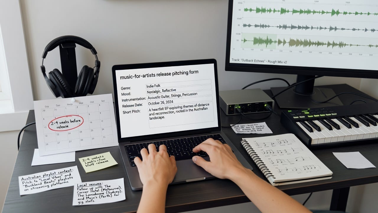 Spotify for Artists pitch guide Australia workspace with audio analysis, release calendar, and pitch notes on a studio desk