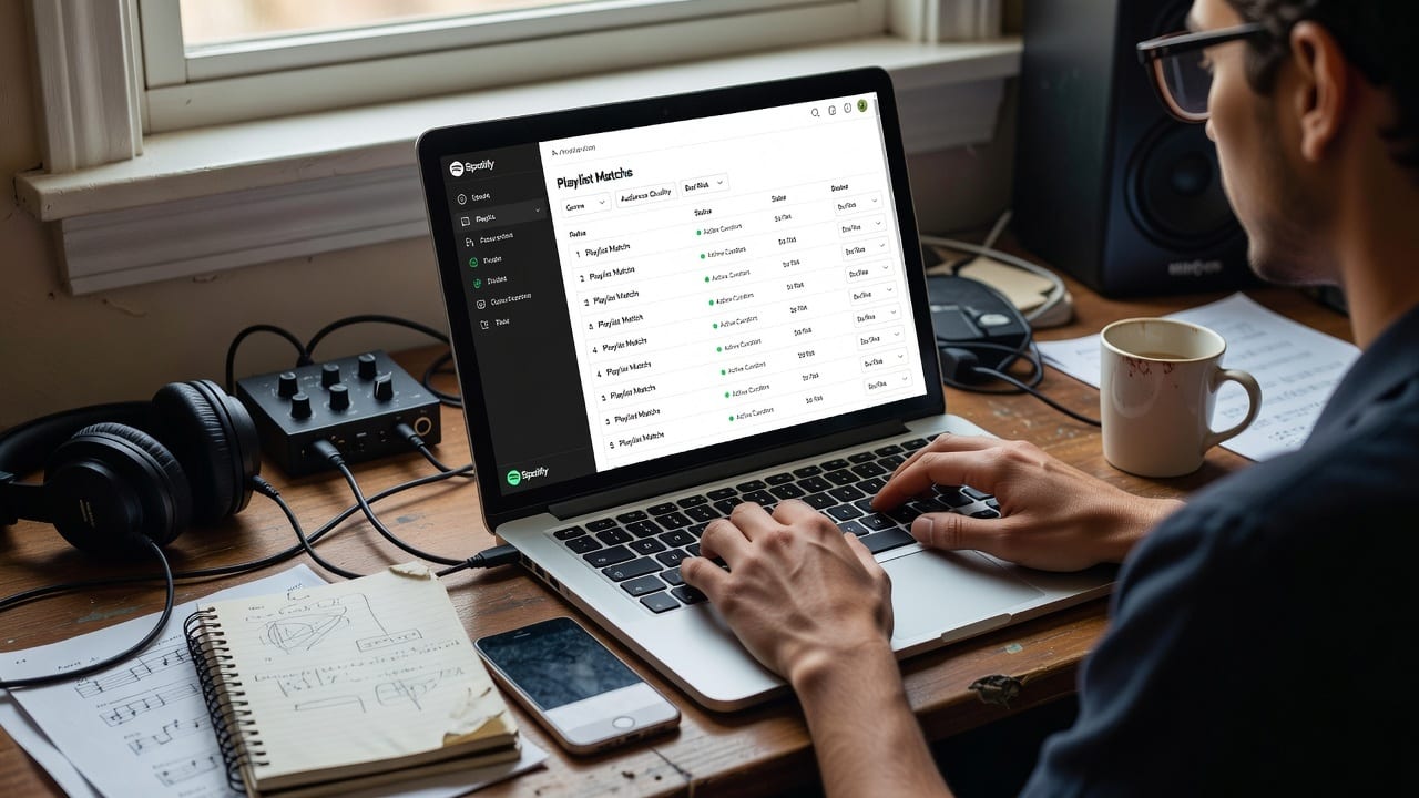 Laptop showing a Spotify playlist curator finder dashboard on a musician’s desk with headphones and audio gear