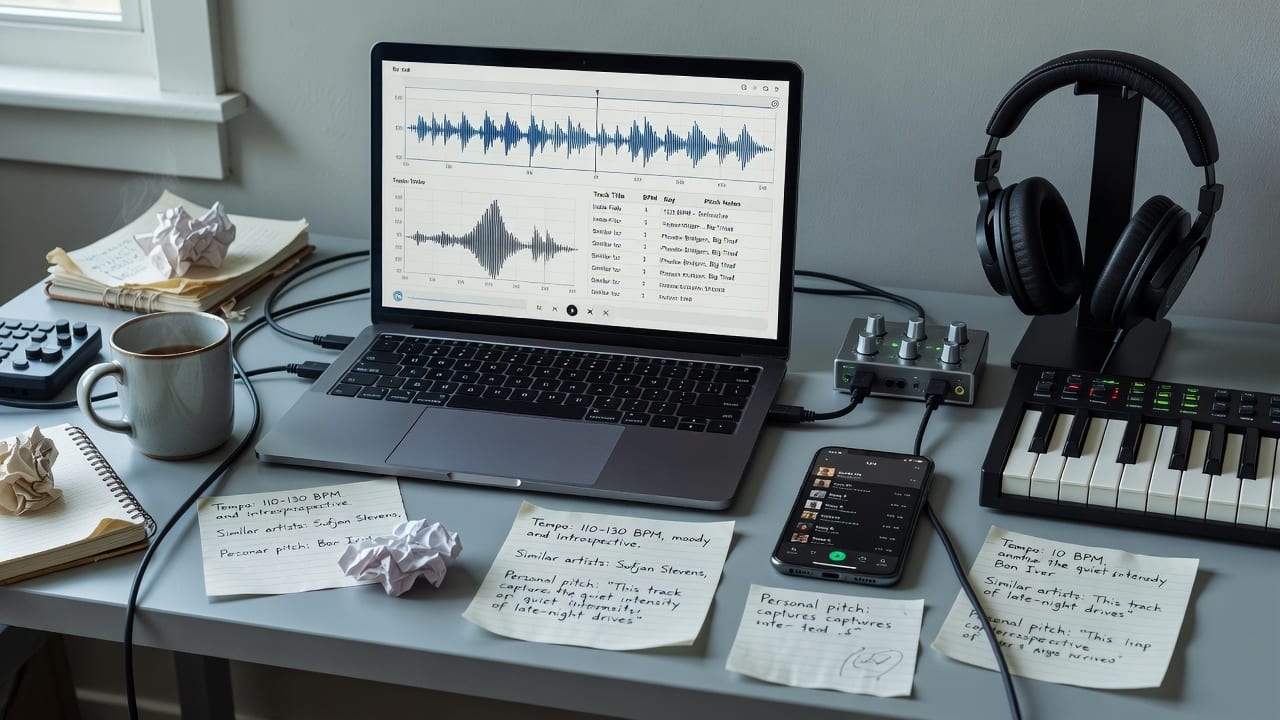 Home studio desk with audio analysis, playlist research, and pitch notes for Spotify playlist pitching.