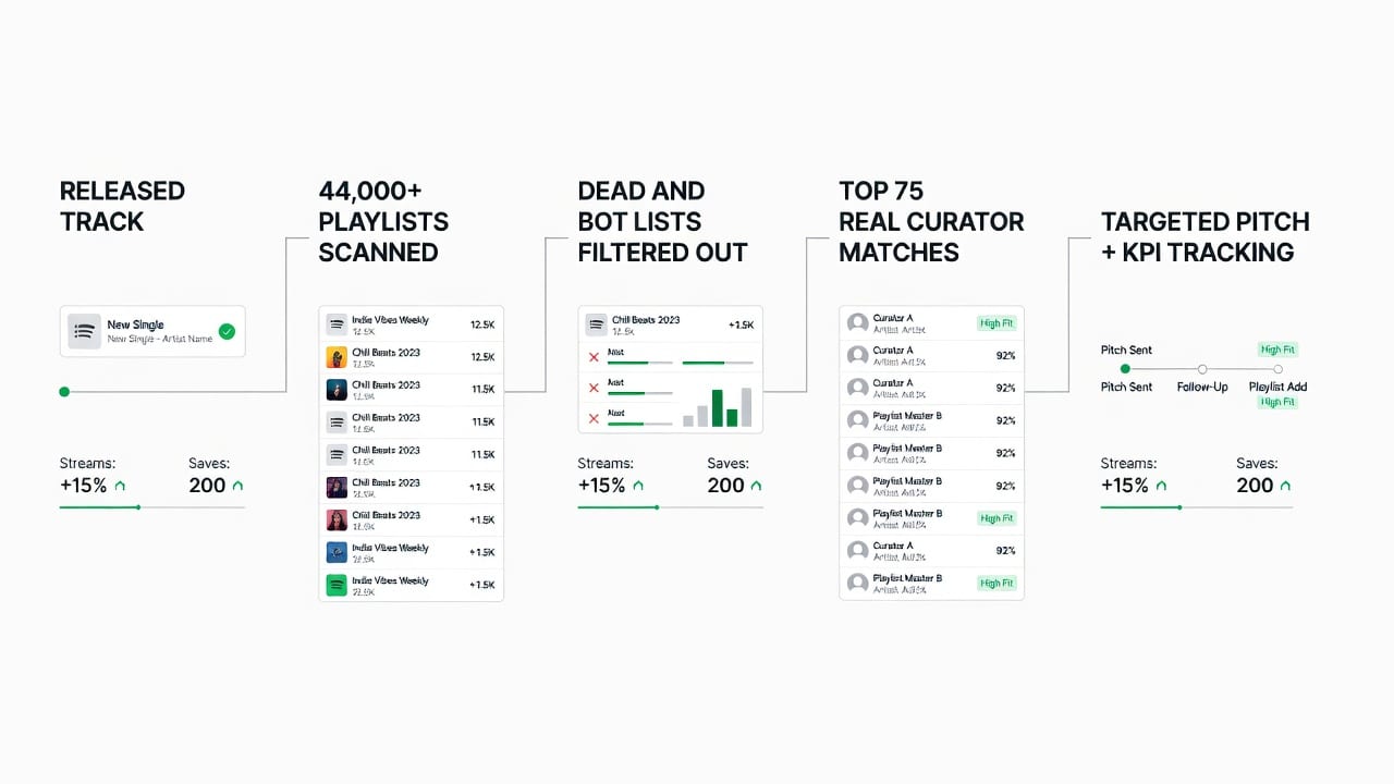 Workflow diagram for Spotify playlist submission showing playlist filtering, curator matches, pitching, and KPI tracking.