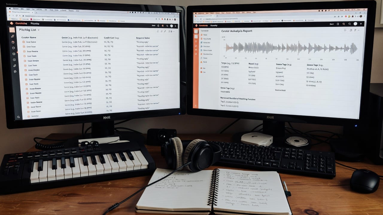 Side-by-side music pitching workflow showing SubmitHub curator research next to an audio matching report.