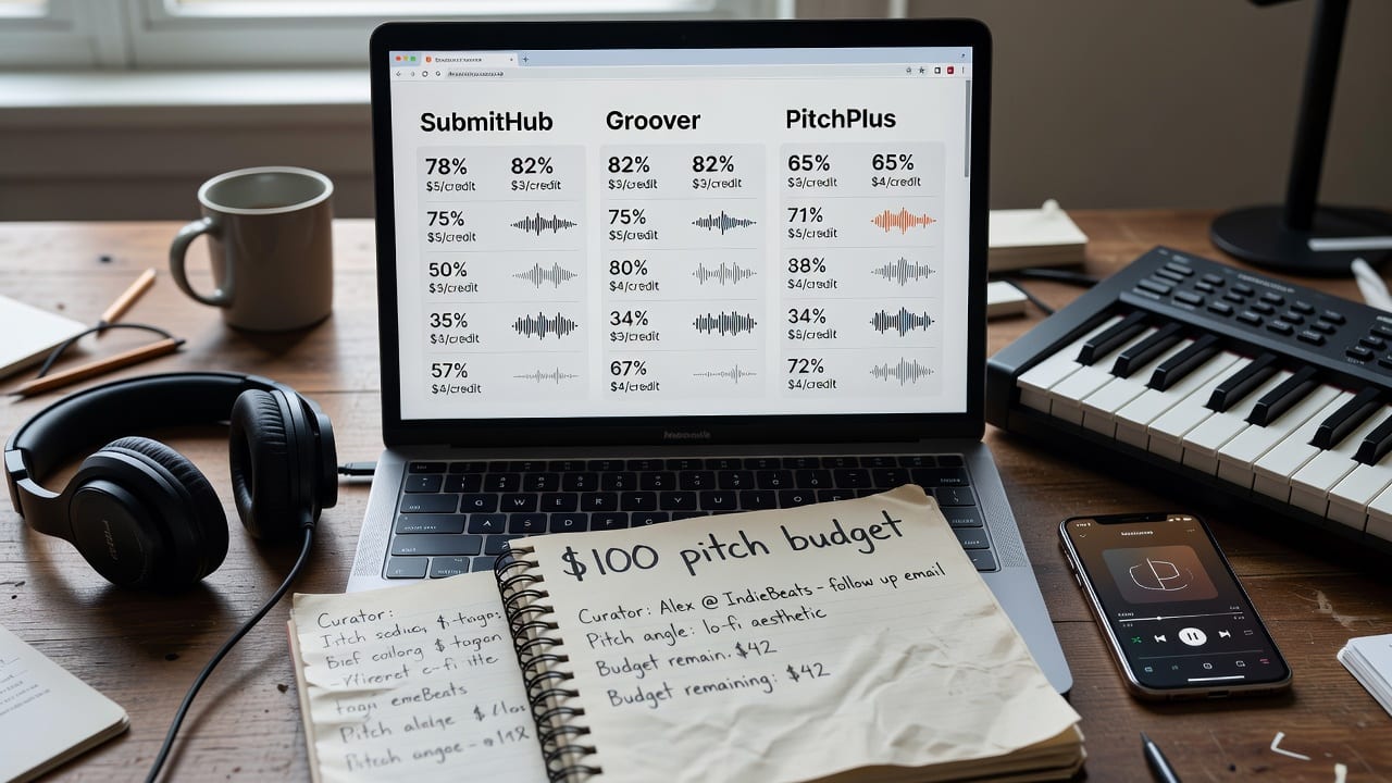 Laptop comparing SubmitHub vs Groover vs PitchPlus playlist pitching workflows on an indie musician’s desk