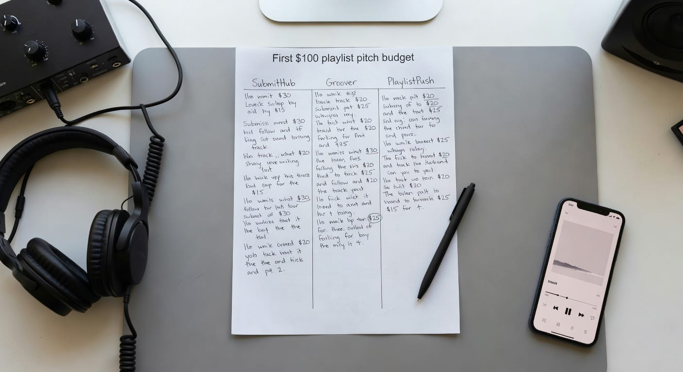 Desk worksheet comparing SubmitHub vs Groover vs PlaylistPush for a first $100 music promotion budget