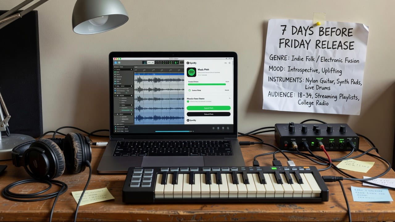 Home studio workspace for an artist preparing to get on Spotify editorial playlists before release day