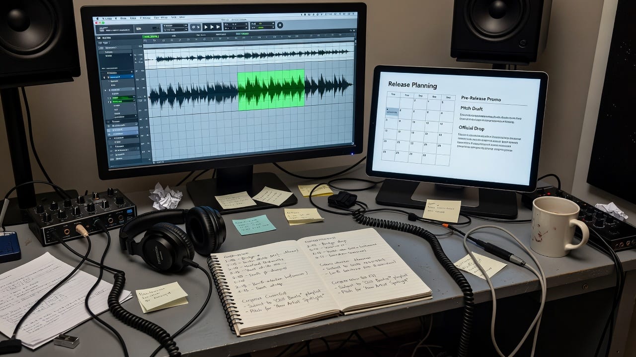 Audio analysis desk setup used to write a winning Spotify editorial pitch, with waveform, release calendar, and notes