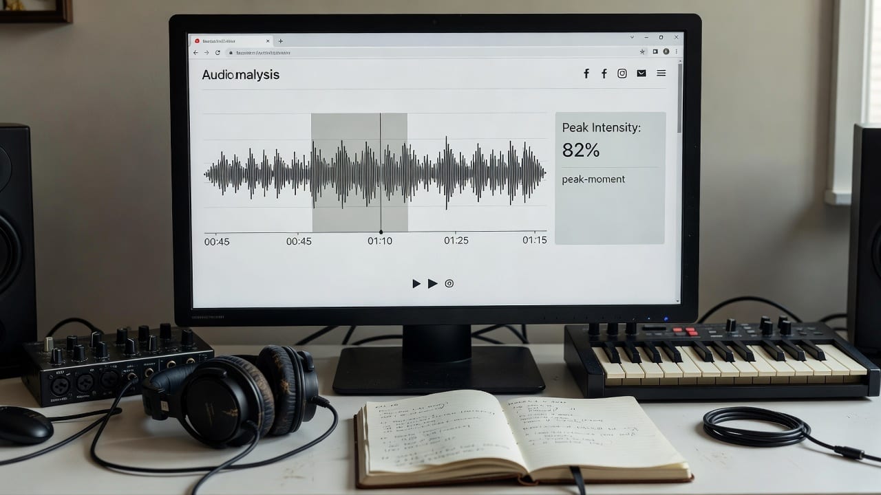 Viral hook finder dashboard highlighting a 30-second song segment on a music studio monitor.
