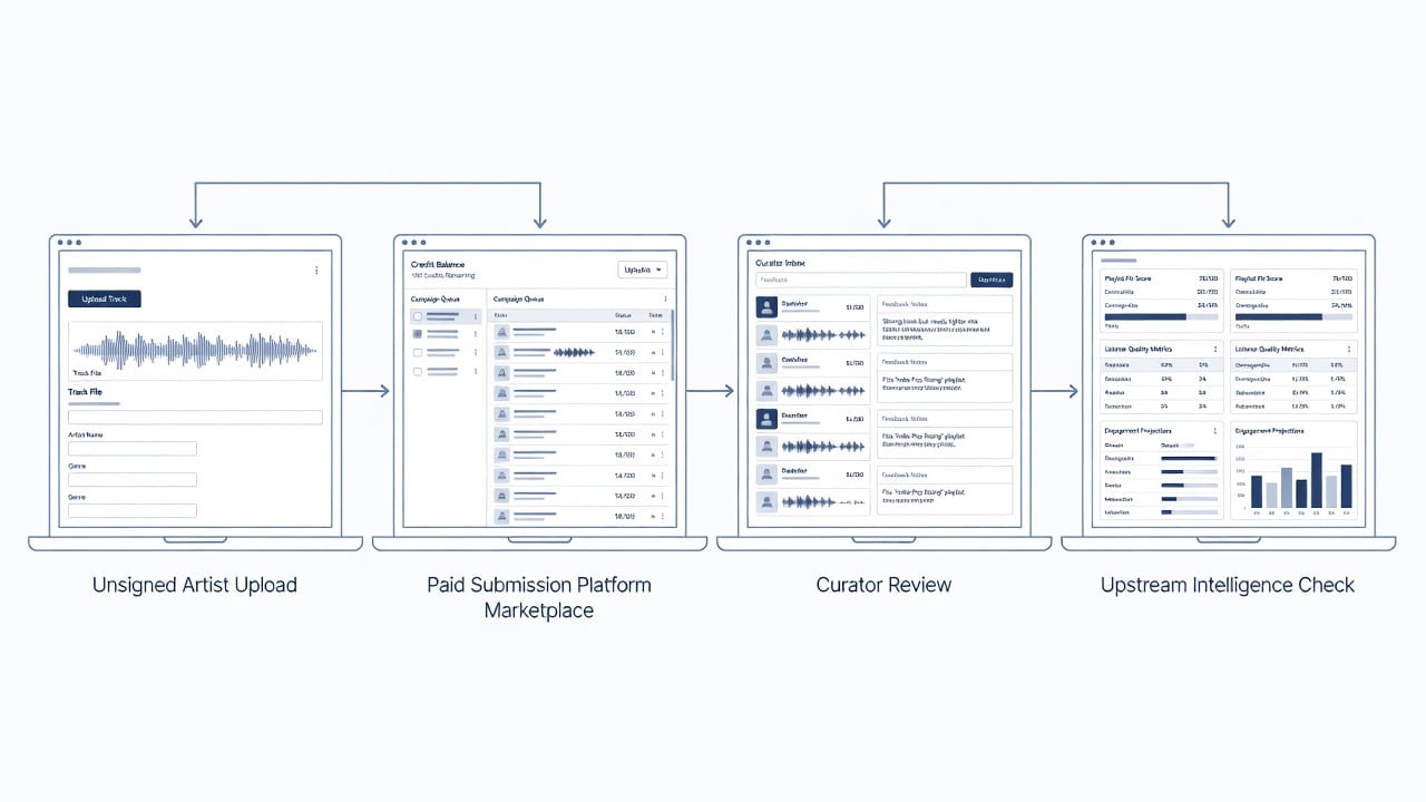 Diagram explaining what are playlist submission platforms, from artist upload to curator feedback and playlist quality checks.