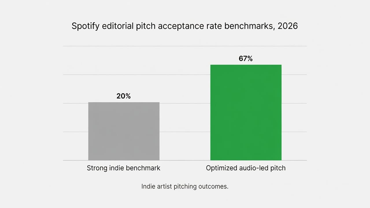 Chart explaining what is a good Spotify pitch acceptance rate, comparing 20% and 67% indie artist benchmarks