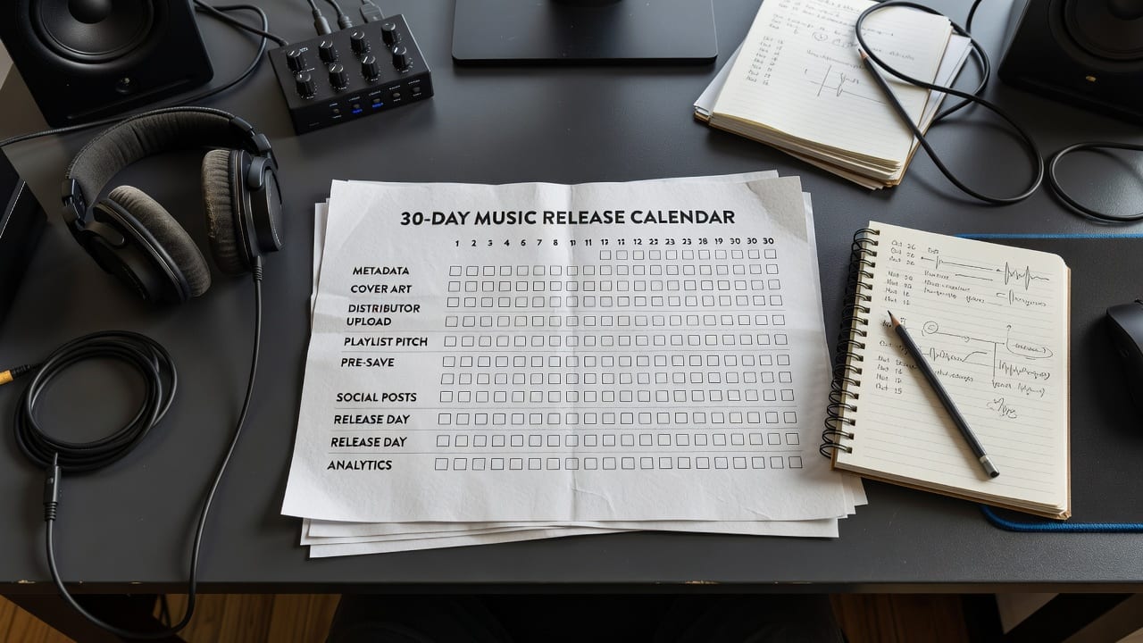 Printed 30-day calendar showing what is a music release strategy for an independent artist’s single launch