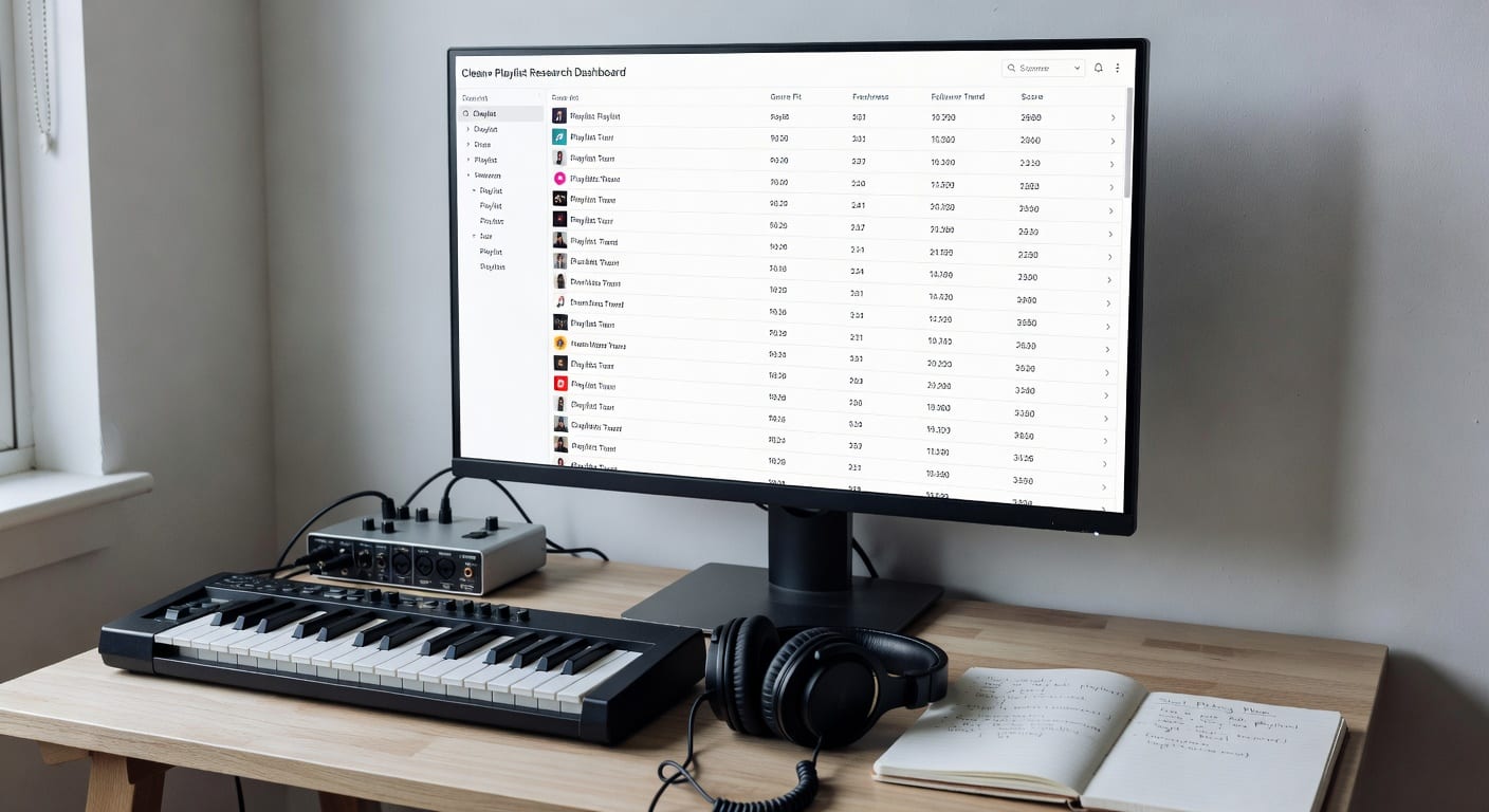 Smart playlist finder dashboard scoring playlists by genre fit and freshness on an indie musician’s desk