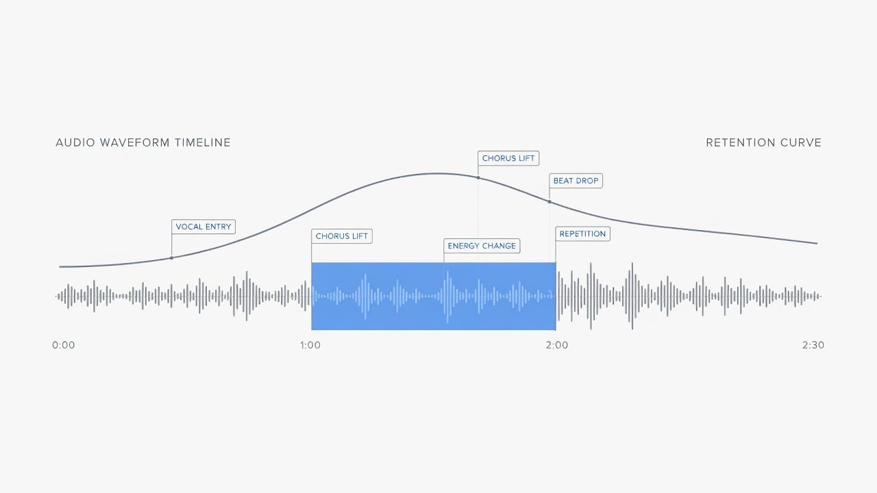 Diagram explaining what is a viral hook detector with a song waveform and highlighted best 30-second hook.