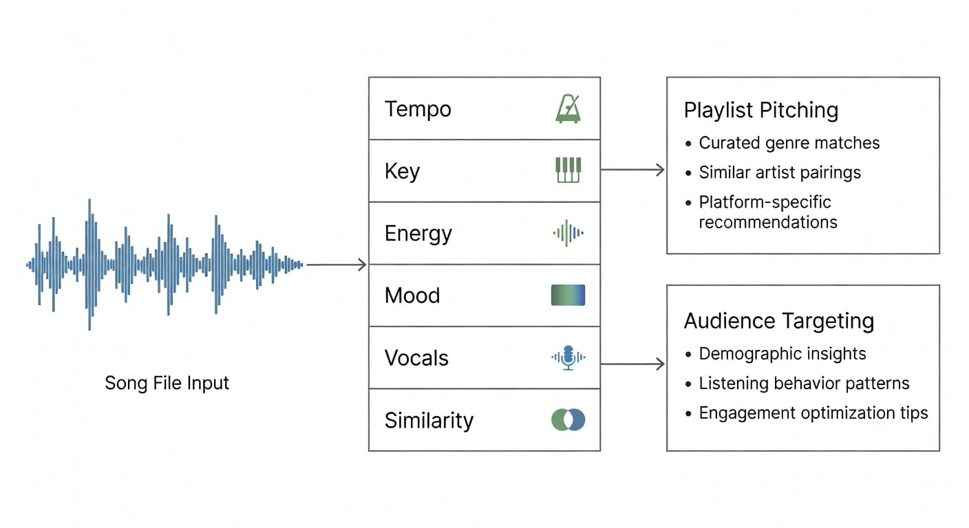 Diagram showing what is AI music analysis, with a waveform analyzed into music features for playlists and audience targeting.