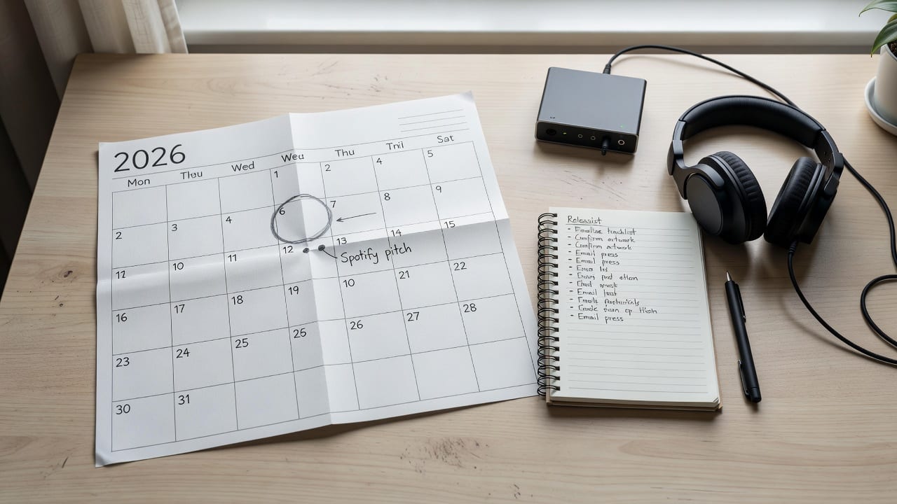 A 2026 release calendar marked four weeks ahead for the question: when should I submit my pitch to Spotify?
