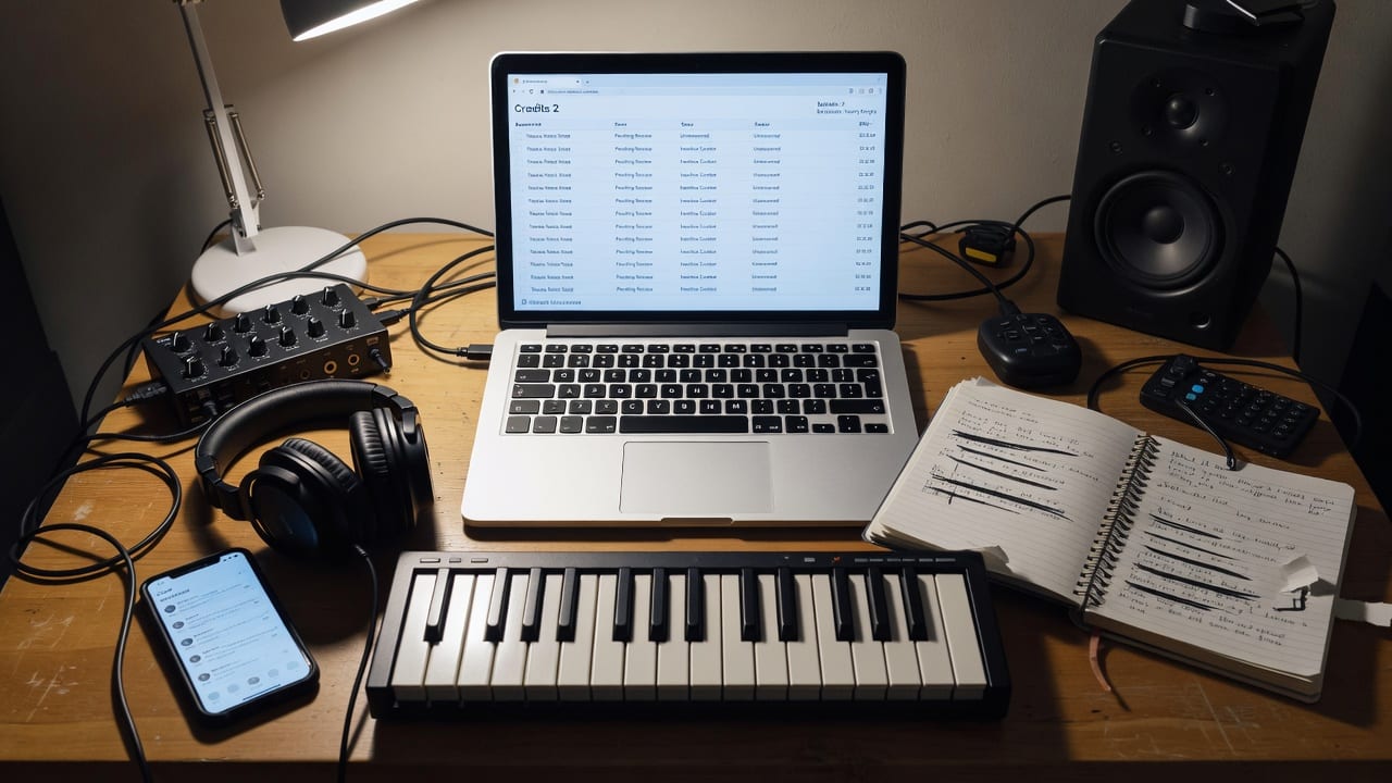 Home studio laptop showing unanswered playlist submissions and low credits beside music gear on a desk