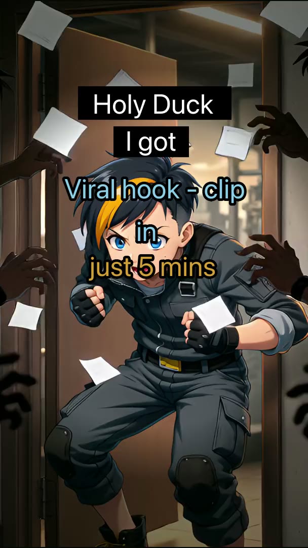 Watch us find a viral hook in 30 seconds, anime hero with the headline 'Viral hook clip in just 5 mins'